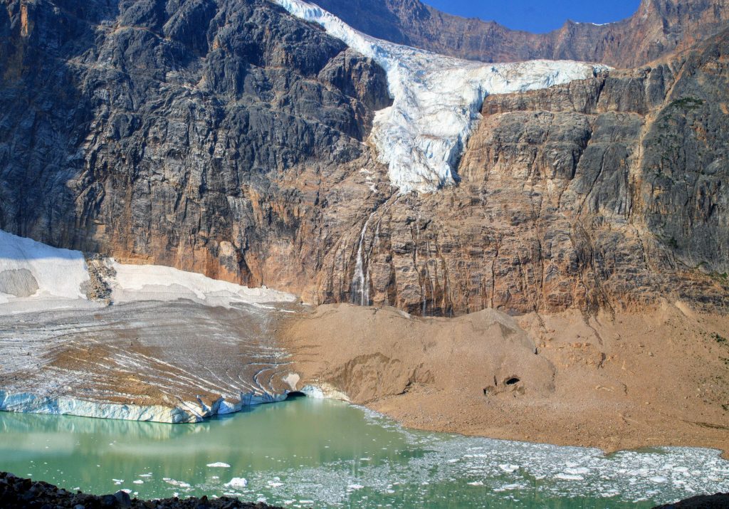At the end of the Mount Edith Cavell Trail: Angel Glacier and Cavell Pond, Jasper National Park 
photo credit: Wikimedia