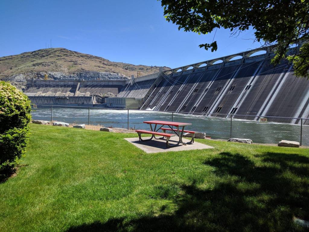 Grand Coulee Dam. You could watch laser show and water discharge from this spot