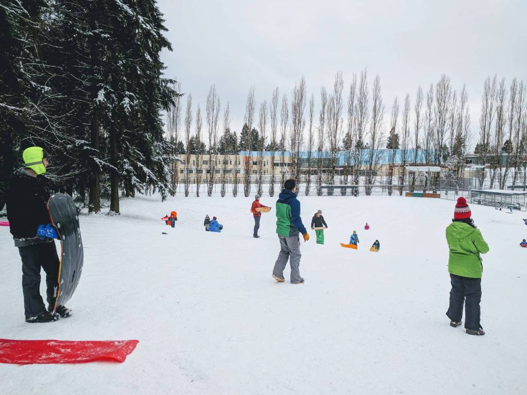 School grounds transformed into sledding hill. Bellevue, Washington