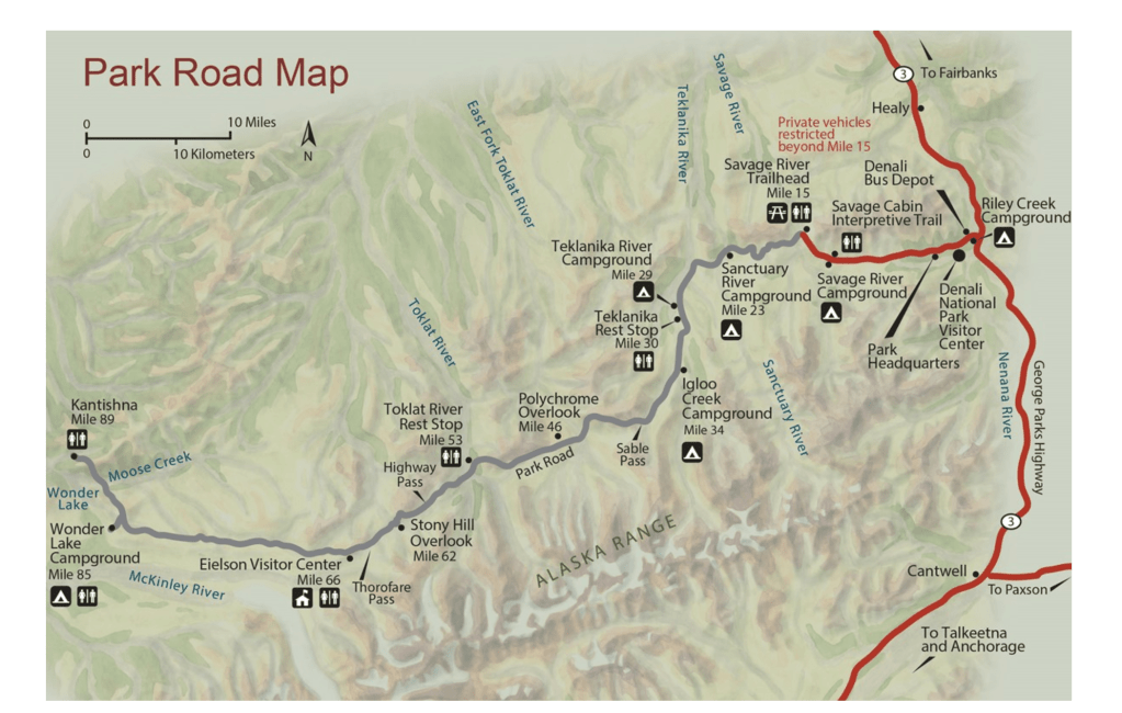 Map of Denali: Private vehicle aren't allowed on "grey road" 