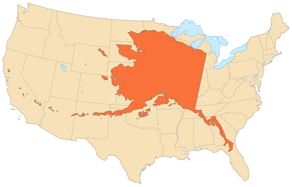 Alaska area compared to lower 48 states.