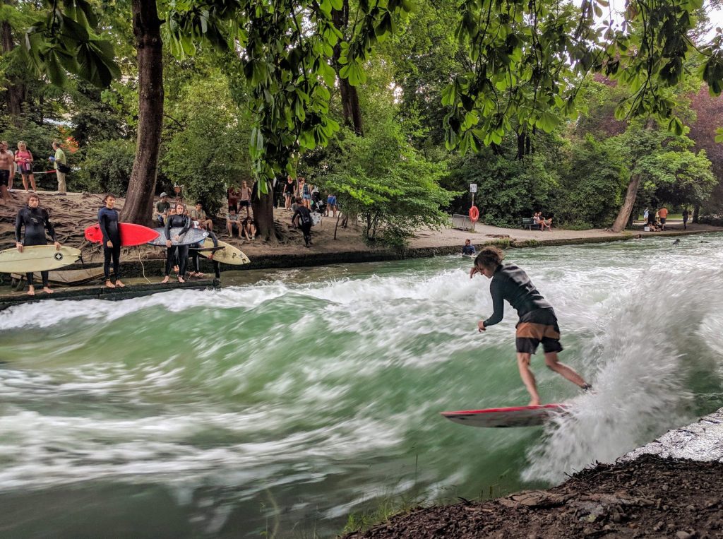 Surfing at Eisbachwelle, continuous wave on Eisbach River