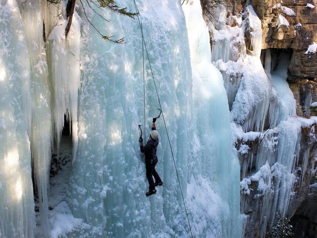 Waterfall ice climber at the Maligne Canyon