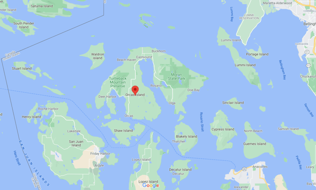 Orcas Island on the map: you can see its interesting and recognizable shape. Border with Canada is very close (on the left)