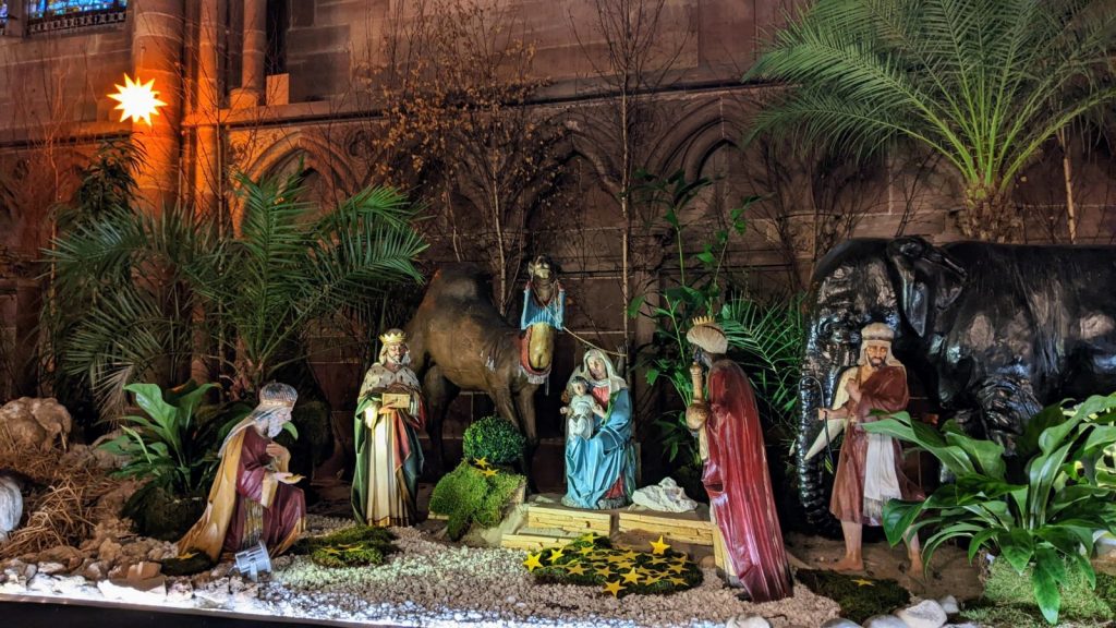 It features figurines representing the Holy Family, shepherds, angels, and various animals and longer than 10 meters