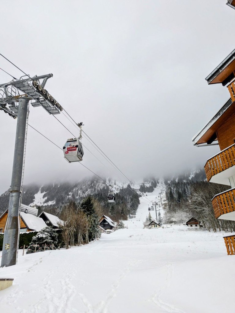 Our building is on the right, and in the center is the black ski trail.