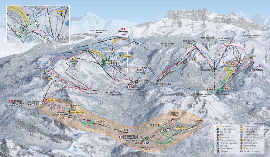 Orange area at the bottom: La Chapelle-d'Abondance, "south" part on the left and "north" on the right