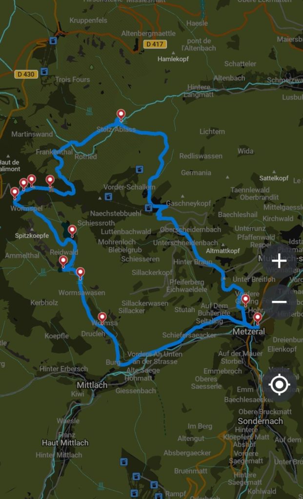 Our hiking route, 14km, 1350m elevation, on Organic Maps
